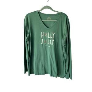 Life is Good Green Holly Jolly V Neck Long Sleeve Tee XL
